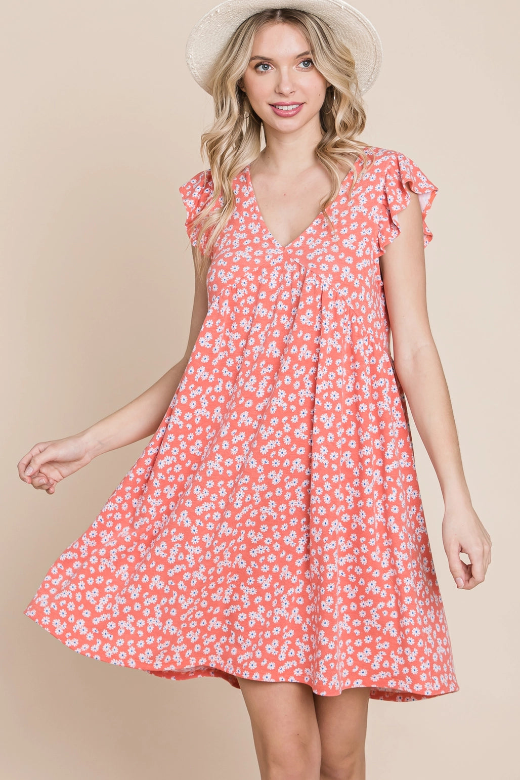 Plus Size Mini Floral Swing Dress-Coral