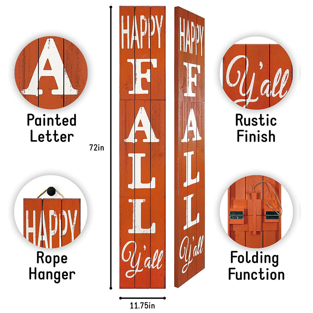 Happy Fall Y'all Rustic Wood Orange Porch Sign 3-Panel Foldable Wood 11.75x72H