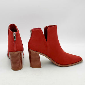 Women Chunky Block Stacked Mid Heel Ankle Boots Back Zipper Cut Out Pointed Toe Cosy Booties. Wine Red--Womens Size 7