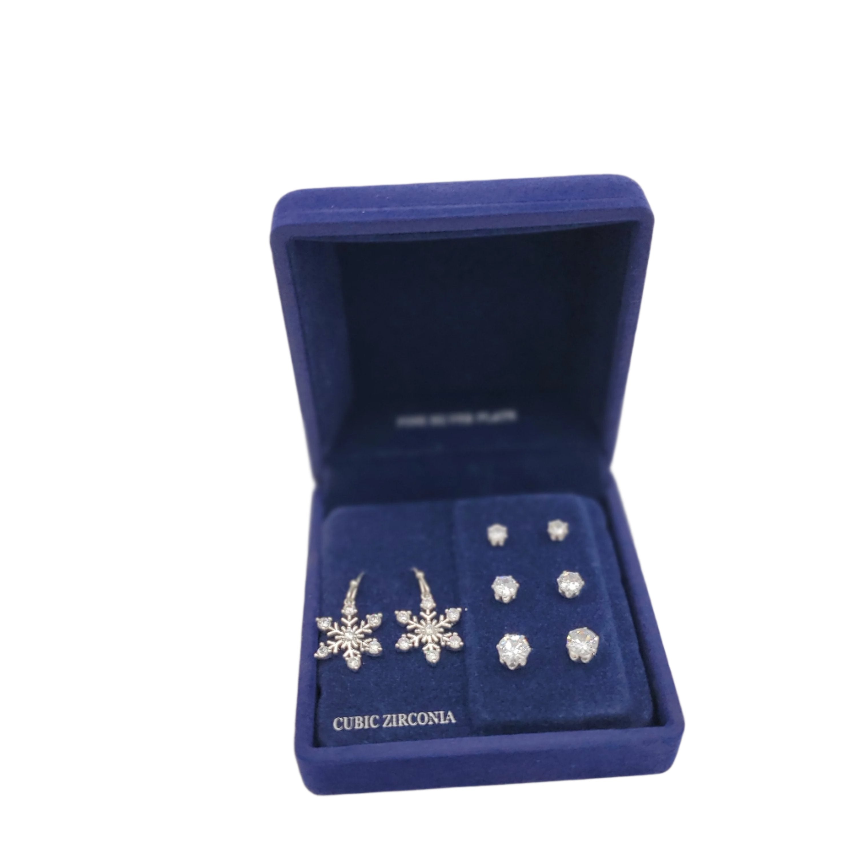 Woman's Silver Plate Snowflake Earrings & Solitaire Stud Earrings 4 Piece Set