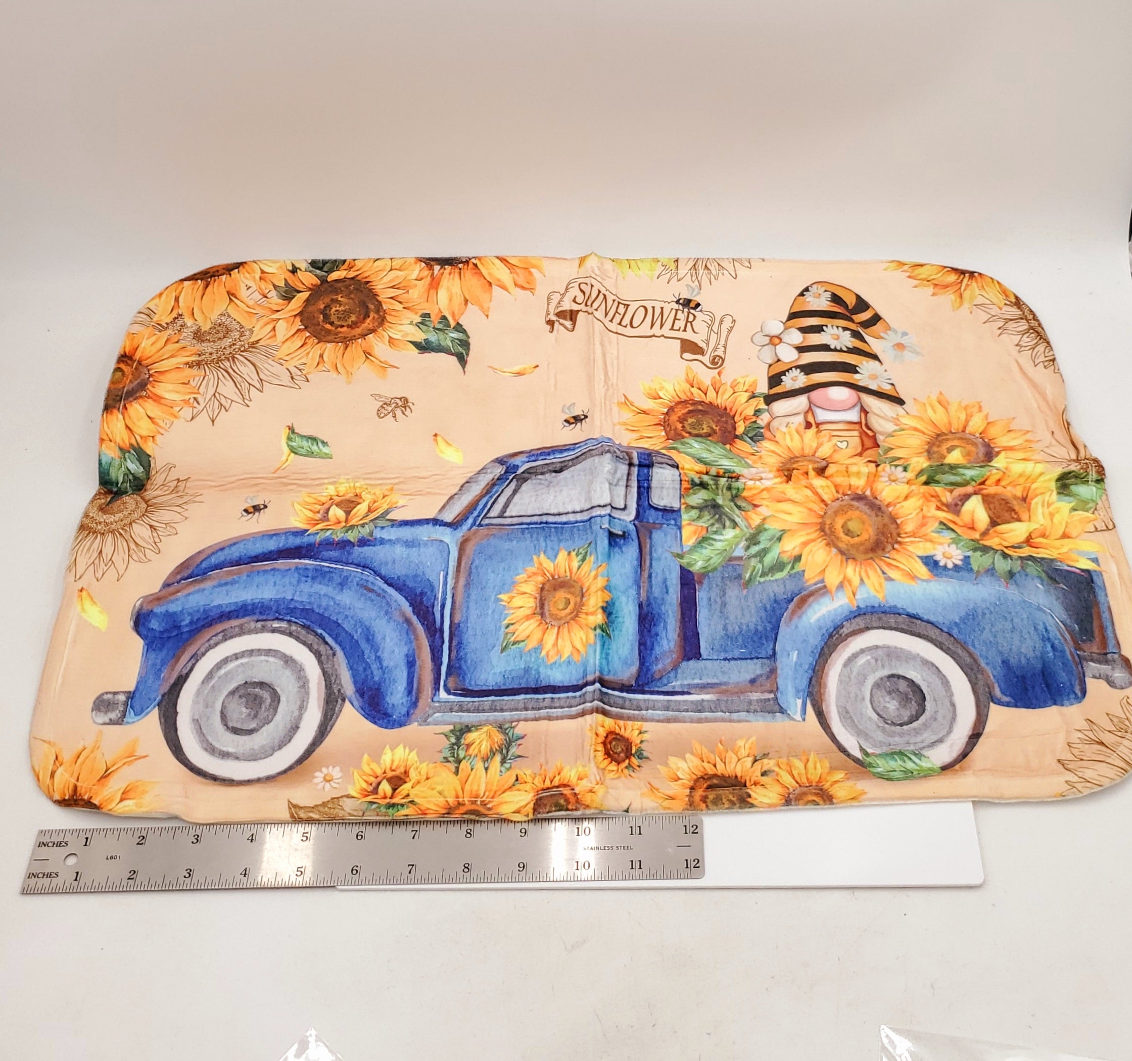 Sunflower Shower Curtain for Bathroom, Farmhouse Rustic Blue Truck Gnome Decor Bath Curtains, with 2 bathroom mats and 1 toilet seat cover