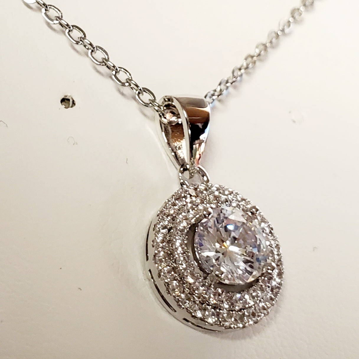 Sparkling Silver Round Double Halo Necklace