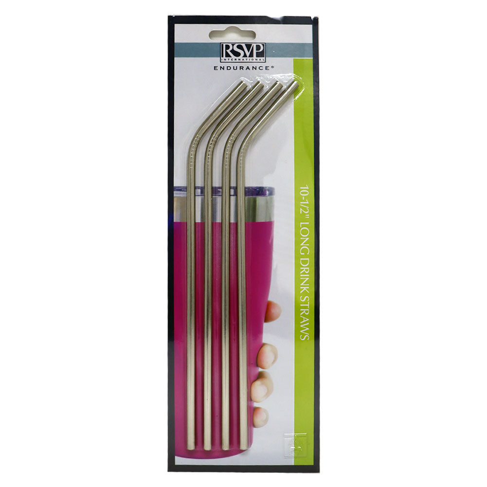 RSVP Endurance Reusable Straw Stainless Steel Curved Stainless Steel Long 10.5" Set/4