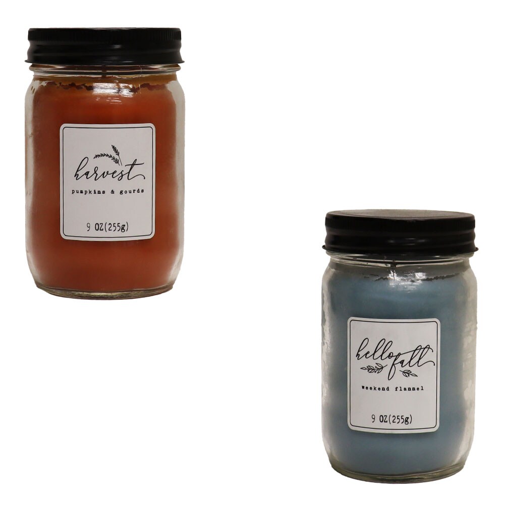 Jar Candle Mason 2 Asst Hello Fall Weekend Flannel, Harvest Pumpkin & Gourds 9oz