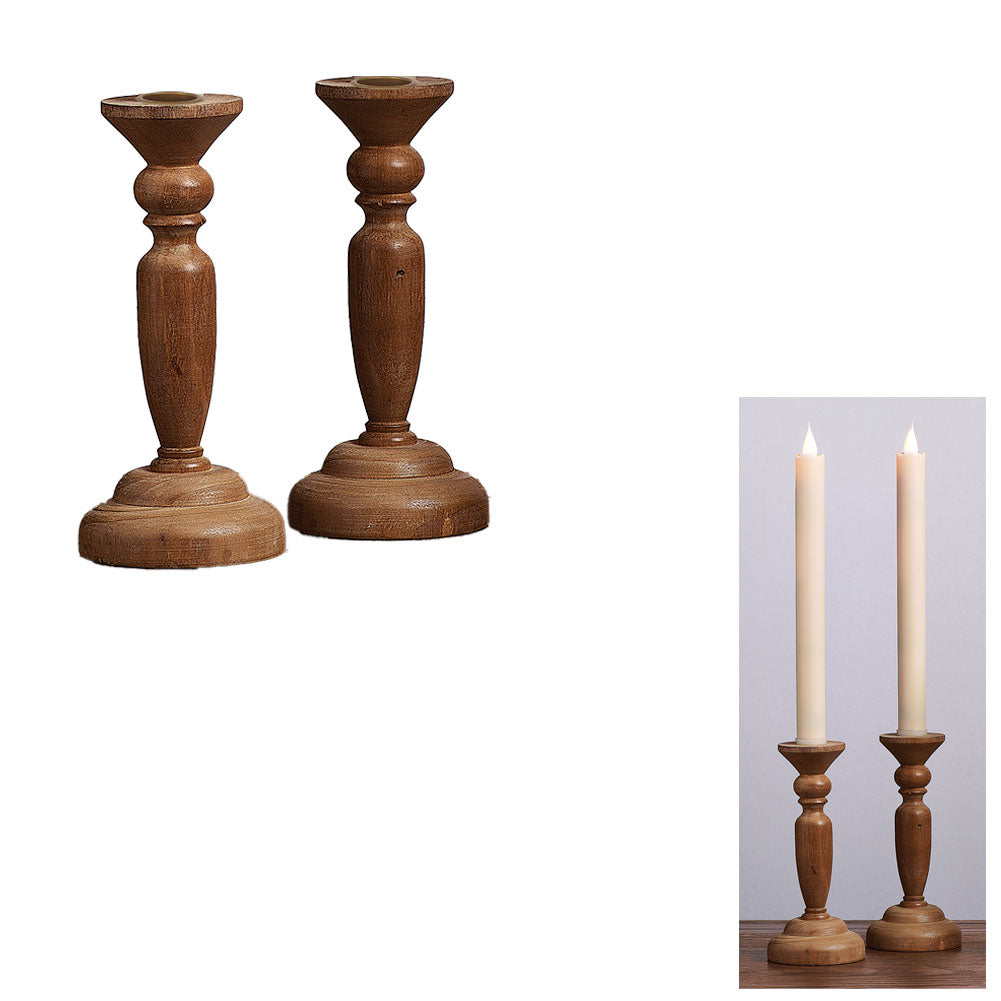 Brown Pedestal Taper Candle Holder Set/2 Wood 2.8"Dx6.25"H (Candles Not Included)