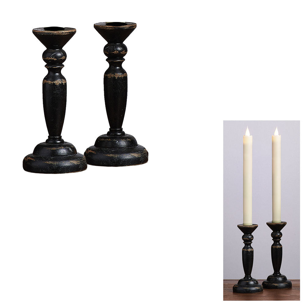 Rustic Black Pedestal Taper Candle Holder Set/2 Wood 2.8"Dx6.25"H (Candles Not Included)