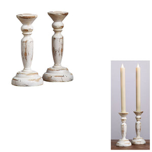 Rustic White Pedestal Taper Candle Holder Set/2 Wood 2.8"Dx6.25"H (Candles Not Included)