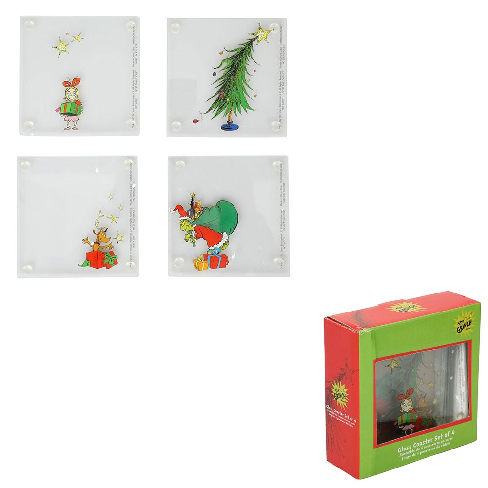 Dr. Seuss The Grinch 4 Piece Set Stacking Glass Coaster 3.85"x3.85"