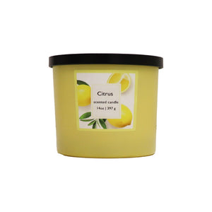 Jar Candle Yellow Glass, Black Metal Lid, 3 Wick, Citrus Scented 14oz