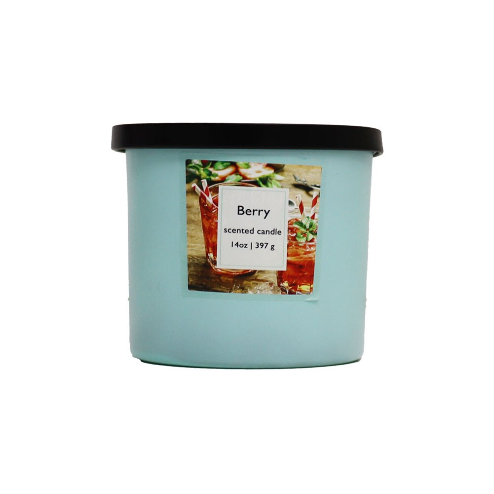 Jar Candle Aqua Glass, Black Metal Lid, 3 Wick, Berry Scented 14oz