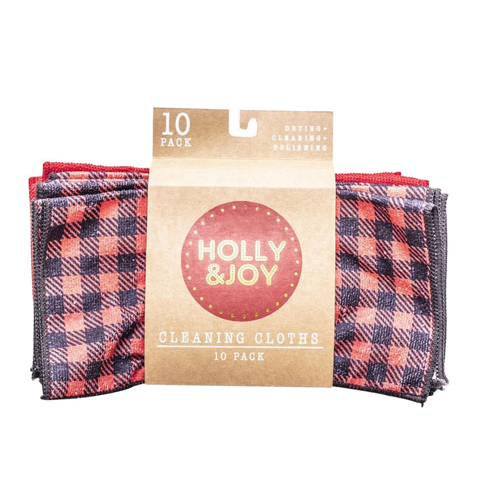 Holly & Joy 10 Pack Cleaning Cloths Red & Black Buffalo Check Microfiber 11.5"x11.5"