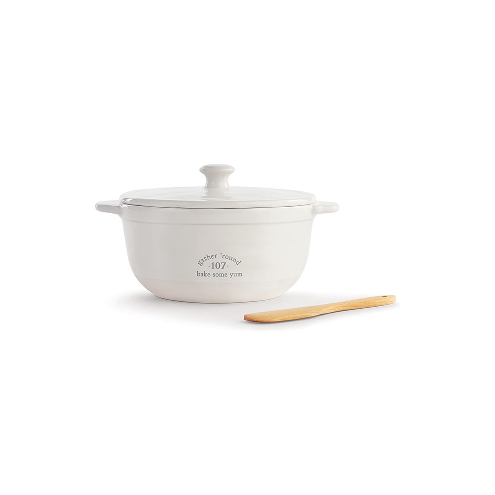 Demdaco Bake Some Yum White Stoneware Baking Crock 6"Dx3"H w/Wood Spreader 6"L