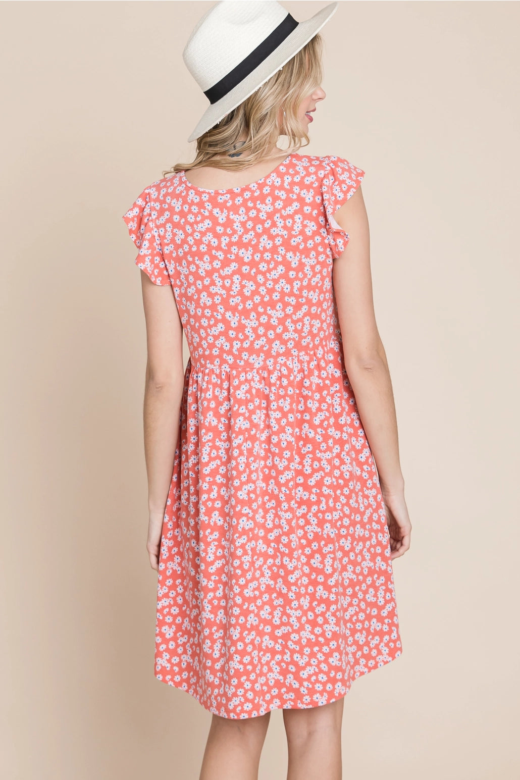 Plus Size Mini Floral Swing Dress-Coral