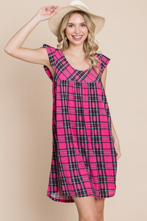 Plus Size Plaid Babydoll Dress with Open Back-Hot Pink