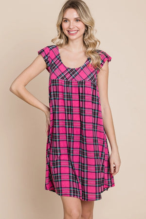 Plus Size Plaid Babydoll Dress with Open Back-Hot Pink