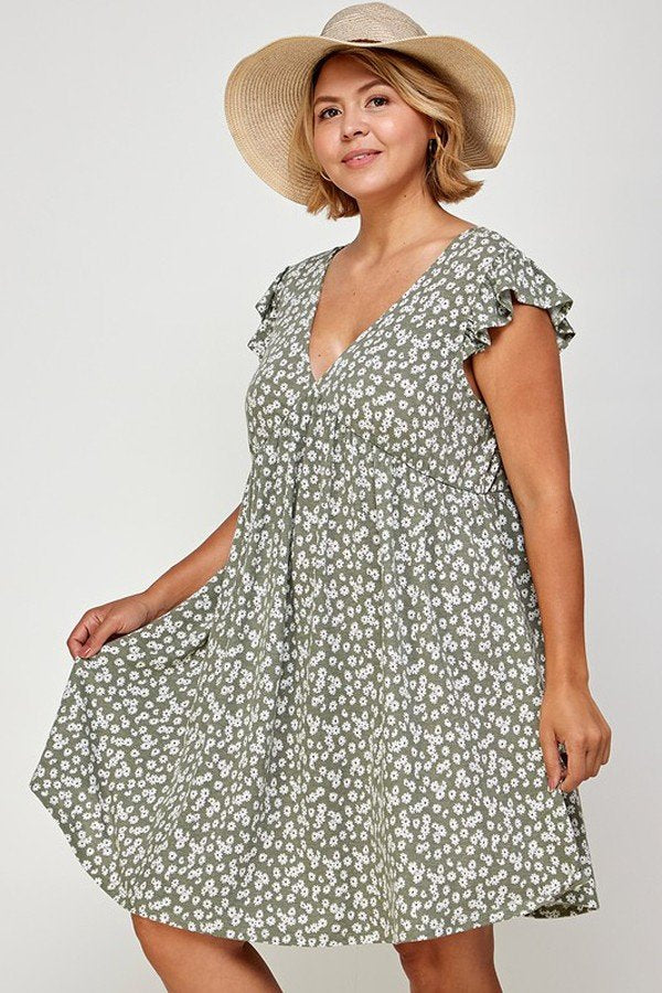 Plus Size Mini Floral Swing Dress-Olive