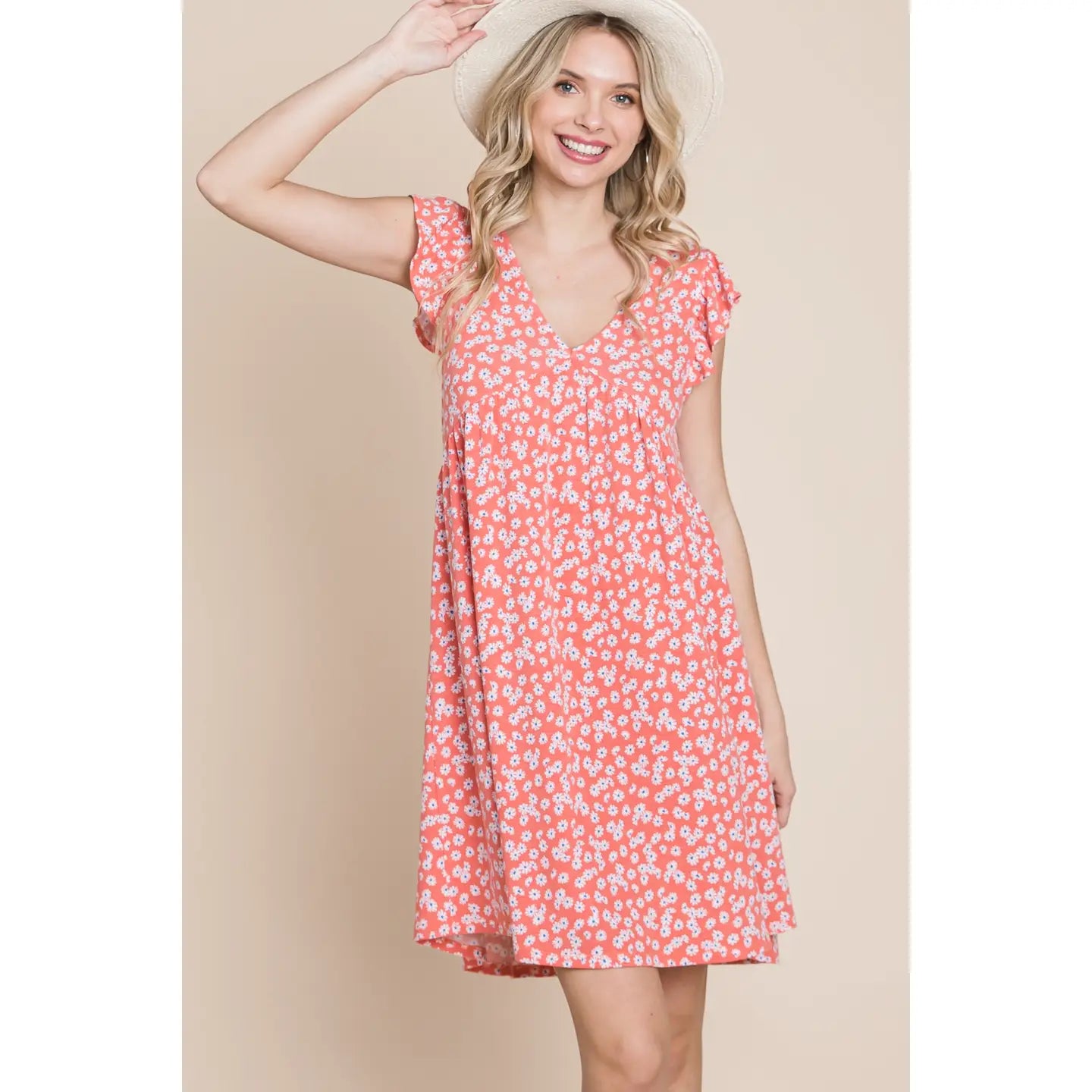 Plus Size Mini Floral Swing Dress-Coral