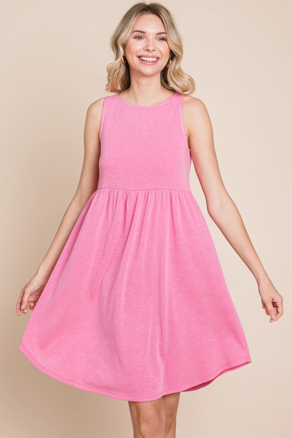 Plus Size Solid French Terry Babydoll Knee Dress-Pink