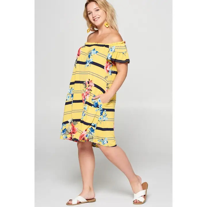 Plus Size Beautiful Floral Striped Printed Dress-Sunshine Yellow