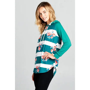 Floral Striped Hoodie-Jade-Size-Small