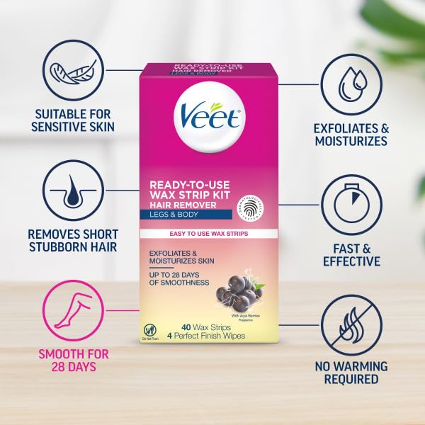 Veet Leg and Body Hair Remover Cold Wax Strips, 40 ct (Pack of 2)