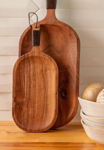 Karma, Acacia Wood Cutting Board with Handle, Barcelona Serve Boards with Leather Wrapped Handles, Set of 2 - Wooden Charcuterie Board