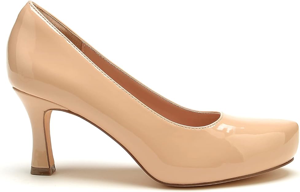 Women's Chunky High Heels Closed Pointed Toe Pumps Dress Office Shoes for Women-Nude-patent