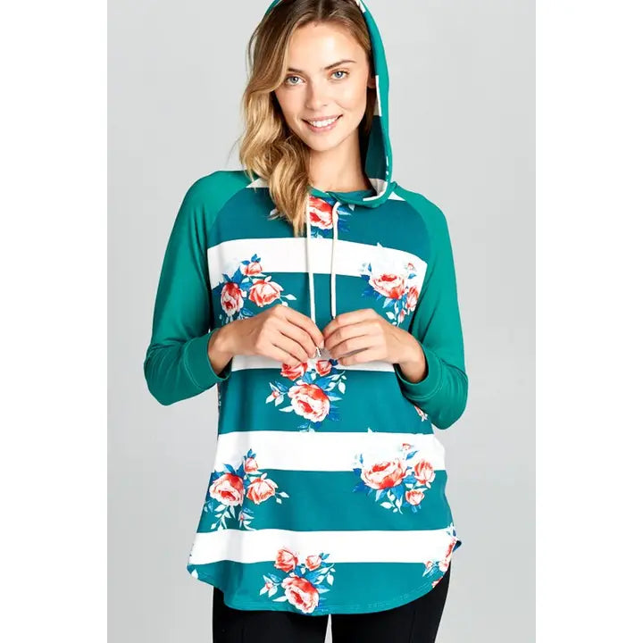 Floral Striped Hoodie-Jade-Size-Small