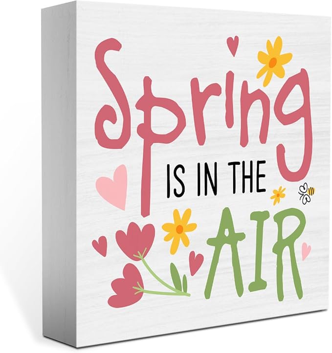 Spring Decor, Spring Decorations for Home Office, Spring Sign, Spring Is in The Air Wood Sign, Spring Decoration Indoor for Desk Shelf 5 X 5 Inch