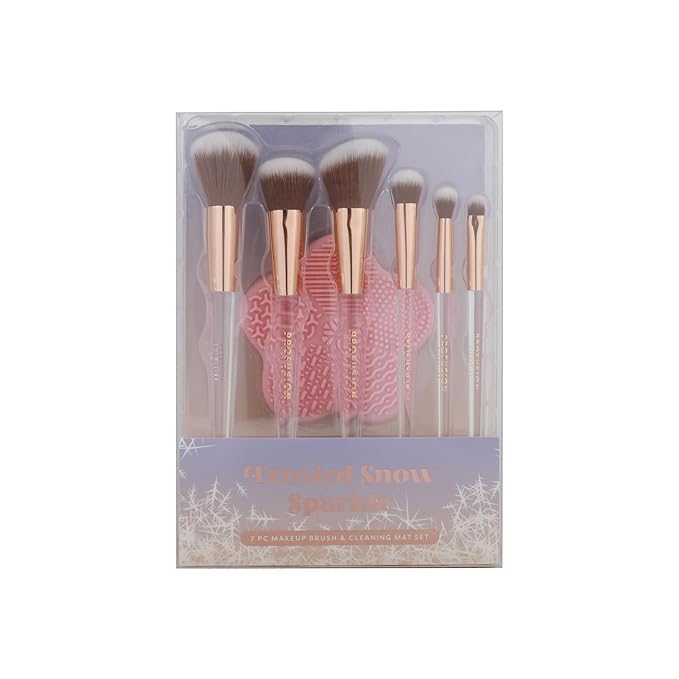 Profusion Cosmetics Frosted Snow Sparkle 7 PC Makeup Brush & Cleaning Mat Set, Premium Synthetic Bristles with Cleaning Mat for Effortless Application and Cleaning