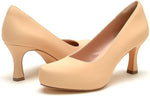 Women's Chunky High Heels Closed Pointed Toe Pumps Dress Office Shoes for Women-Nude-Nubuck, Womens Size (US) 7.5