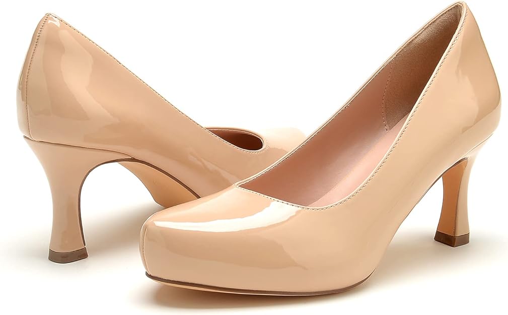 Women's Chunky High Heels Closed Pointed Toe Pumps Dress Office Shoes for Women-Nude-patent