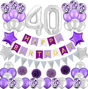 Purple and Silver Birthday Decorations Set-Purple Happy Birthday Banner Latex and Confetti Balloons Paper Garland Huge Number