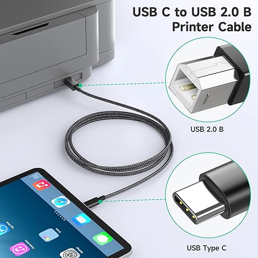 Deegotech Printer Cable, 9.6FT USB B to USB C Printer Cable for MacBook Pro/Air, Nylon Braided USB C MIDI Cable Compatible with iMac HP Epson Brother MIDI DJ Controller Casio Digital Piano