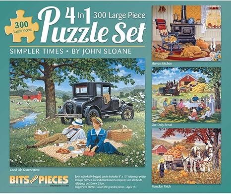 Bits and Pieces - 4-in-1 Multi-Pack - 300 Piece Jigsaw Puzzles for Adults-Each Measures 16" x 20" (46cm x 61cm)-Simpler Times by Artist John Sloane