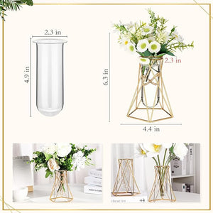 4 Pcs Gold Geometric Vase for Centerpieces Metal Flower Stand with Glass Cylinder Hydroponic Plant Flower Vase Modern Vase for Home Floor Office Wedding (Geometric, 6.3 Inch)