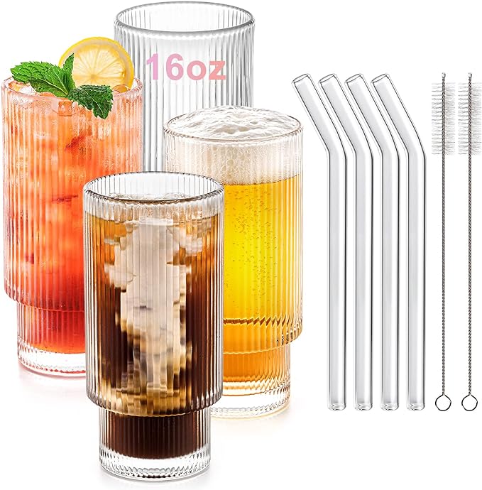 Combler Ribbed Glass Cups with Glass Straws, 16 oz Drinking Glasses, Iced Coffee Cup, Ribbed Glassware Set of 4, Thick Glass Coffee Cups, Coffee Bar Accessories