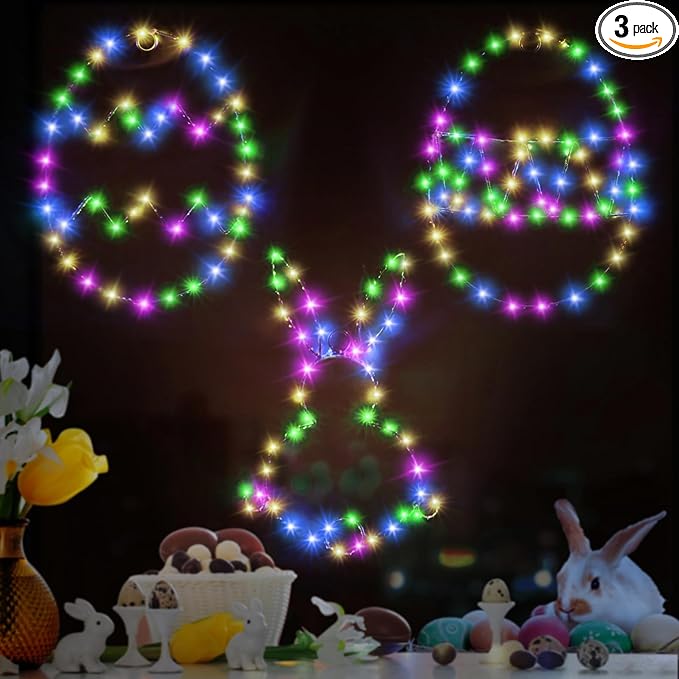 3 Pack Easter Window Lights Decorations,Egg Bunny Shaped Hanging Lights with 8 Modes Iron Led Lighted String Lights Gifts for Kids Home Party Ester Decor