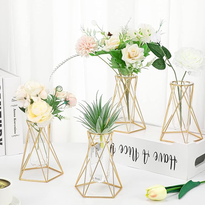 4 Pcs Gold Geometric Vase for Centerpieces Metal Flower Stand with Glass Cylinder Hydroponic Plant Flower Vase Modern Vase for Home Floor Office Wedding (Geometric, 6.3 Inch)