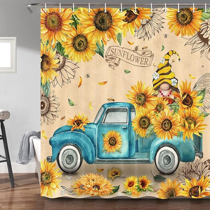 Sunflower Shower Curtain for Bathroom, Farmhouse Rustic Blue Truck Gnome Decor Bath Curtains, with 2 bathroom mats and 1 toilet seat cover