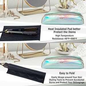 Large Capacity Hair Tools Travel Bag and Heat Resistant Mat for Curling Wand Set, Flat Iron Hair Straightener, Curling Iron, Hair Crimper, Haircare Accessories(PU Bag Sliver)