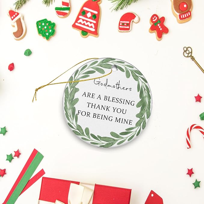 Christmas Ornaments Godmother are A Blessing Thank You for Being Mine Christmas Ornaments Decor Christmas Tree 3inch Round Ceramic Double-Sided Printing Ornament Xmas Birthday Present