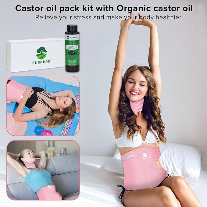 Castor Oil Pack Wrap Organic Cotton-Castor Oil Organic Cold Pressed Unrefined,Caster Oil Packs Compress Flannel and Chinlon Lycra Fabric (Pink, 36-47in)