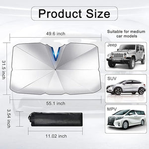 1 PC Car Windshield Sun Shade Umbrella, Foldable Car Umbrella Sun Shade Cover Block UV and Heat, Keeps Vehicle Cool, Opening Design Auto Windshield Cover for Trucks Cars (55 x 31 inches)