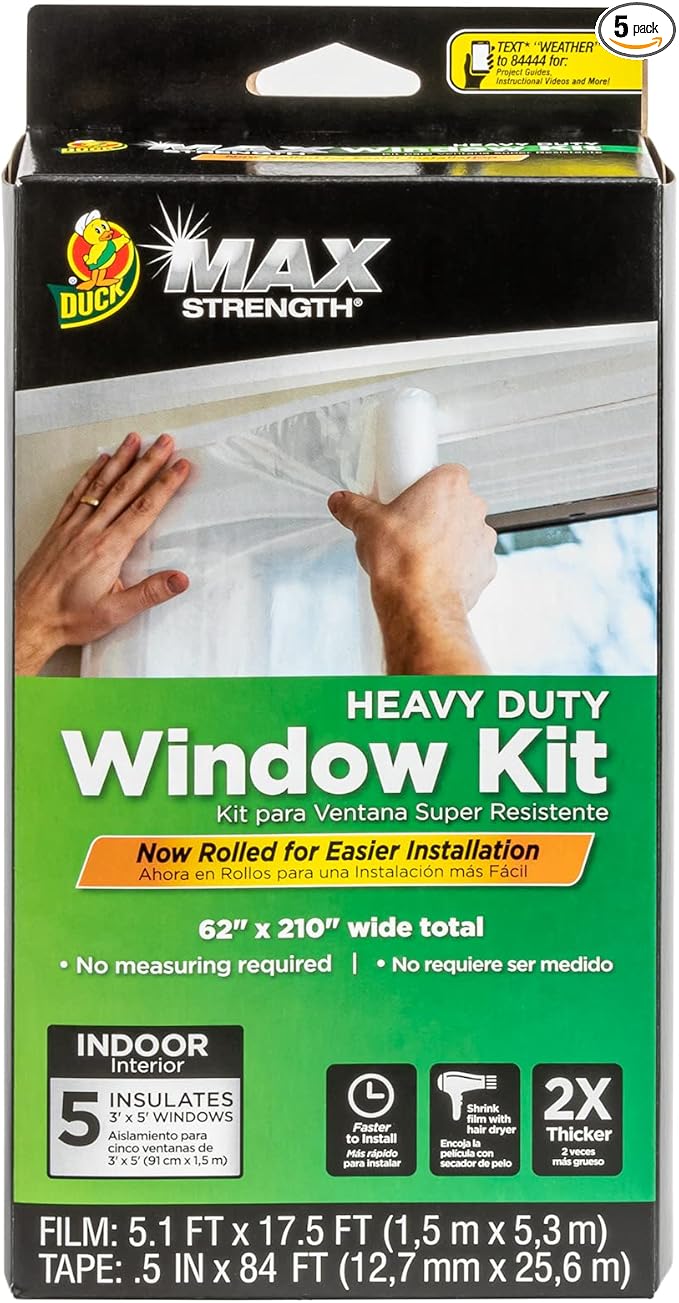 Duck MAX Strength Window Insulation Kit, Winter Window Seal Kit Fits up to 5 Windows, Heavy Duty Shrink Film Cuts to Size for Easy Indoor Installation, Window Tape Included,62 In. x 210 In., Clear