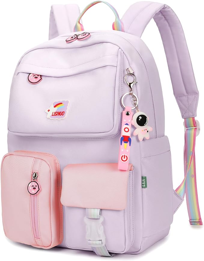 Backpack for school Cute book bag for kids preppy backpacks for Girls teen travel bags Gift Keychain(Purple)