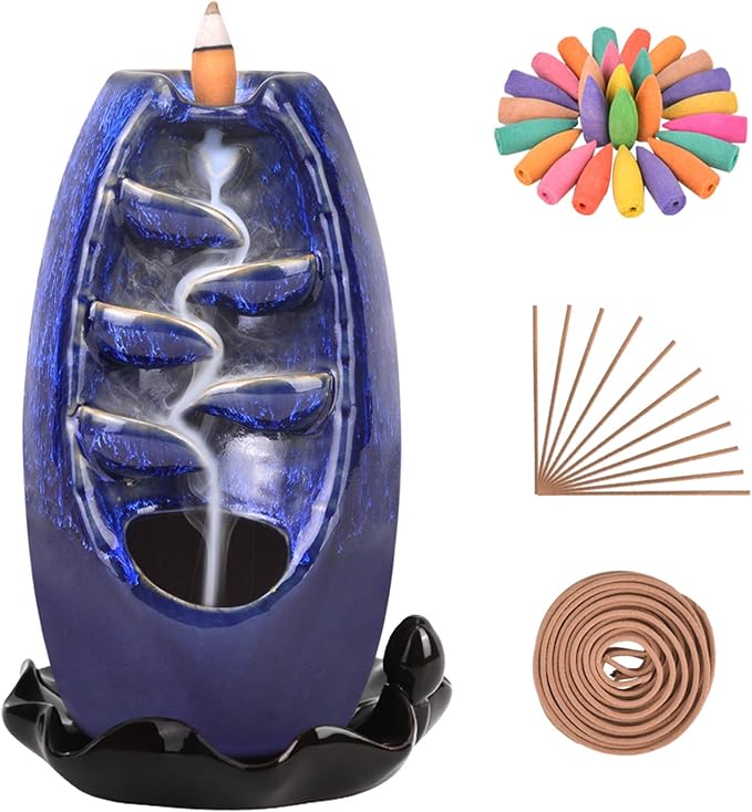 SOLEJAZZ Backflow Incense Burner Waterfall Incense Holder Ceramic with 120 Incense Cones & 30 Incense Sticks for Home Office Yoga Aromatcherapy Ornamen, Navy