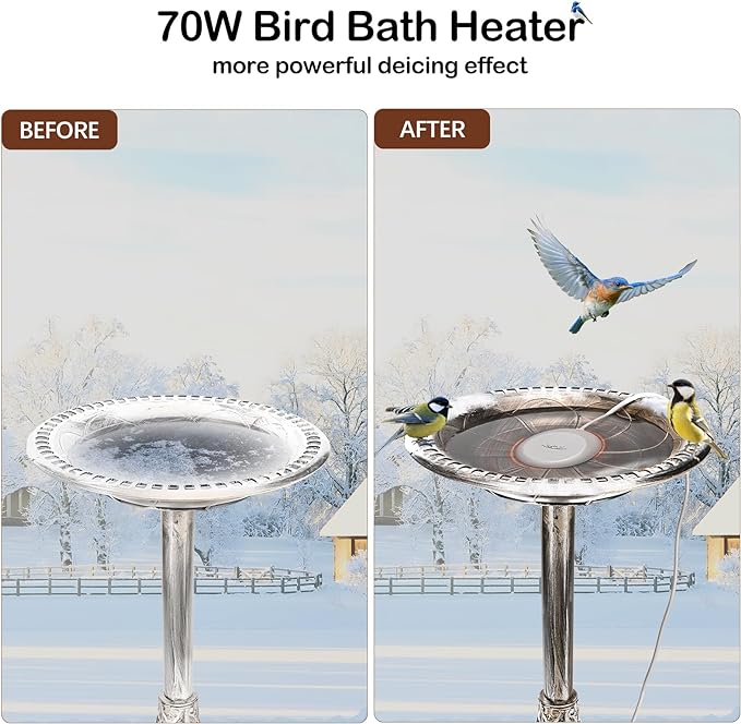 Bird Bath Heater 70W, Birdbath Deicer with Thermostatically Controlled, Heavy Duty Premium Cast Aluminum Winter Water Heated De-icer for Bird Chicken Outdoors