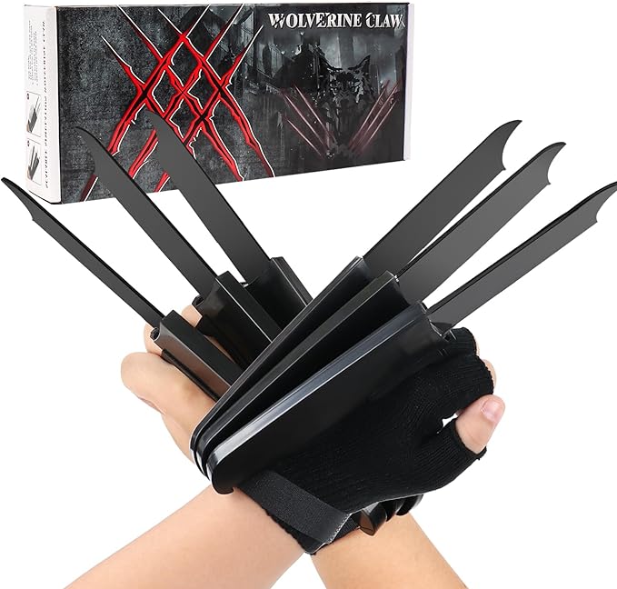 2 PCS Wolverine Claws, Wolf Claws with Retractable Function, 3D Cosplay Wolverine Claws for Kids Adult with Gloves, Halloween Party Decoration Accessory Fits Most Finger Sizes - Black