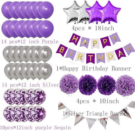 Purple and Silver Birthday Decorations Set-Purple Happy Birthday Banner Latex and Confetti Balloons Paper Garland Huge Number